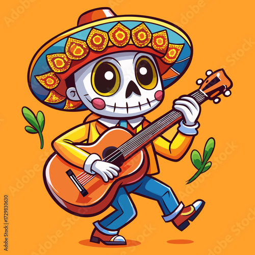 Charming skeleton musician in a colorful sombrero plays guitar with joyful expression on orange background