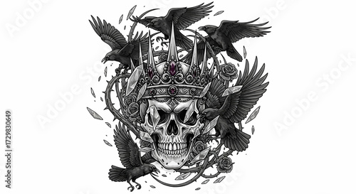 Monochrome depiction showcasing a skull crowned with a jeweled crown surrounded by roses and ravens