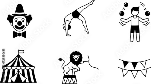 Circus icon set: clown, acrobat, juggler, tent, lion performer, flags