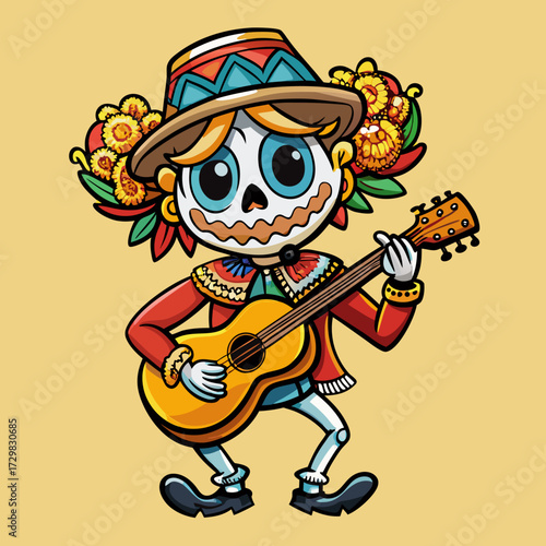 Whimsical skeleton musician with marigolds and festive hat plays guitar for day of the dead celebration