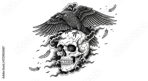 A captivating illustration showcasing a raven perched atop a skull amidst swirling clouds and