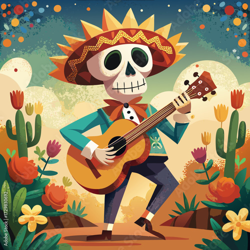 A festive skeleton musician in a sombrero plays guitar amidst colorful flowers and cacti