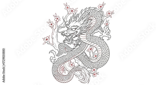 Intricate dragon illustration entwined with delicate floral elements showcasing symbolic artistry