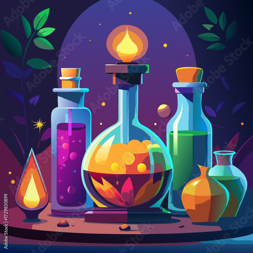 Enchanting alchemical potions and glowing elixirs arranged mysteriously in a dark magical laboratory setting