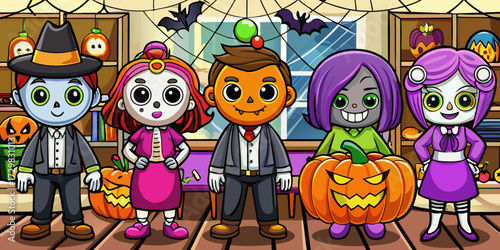 Adorable cartoon characters dressed in halloween costumes ready for trick or treating fun