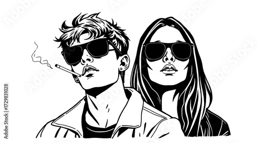 Graphic illustration of a man smoking a cigarette with a woman standing beside him, both wearing sunglasses.