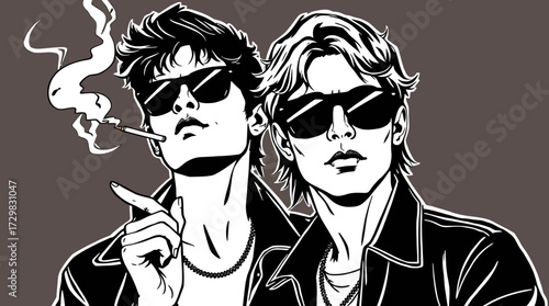 Two stylish individuals, wearing sunglasses, in a retro black and white illustration, one smoking.