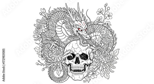 Intricate monochrome artwork featuring a dragon entwined with a skull and surrounded by florals