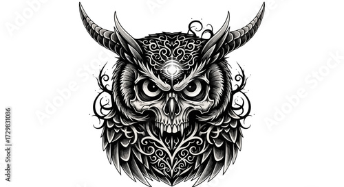 Ornate owl skull design in black and white with horned details and third eye element
