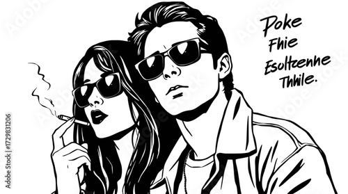 Illustrated couple wearing sunglasses; the woman is smoking a cigarette, while the man looks off in the distance.