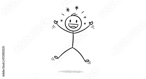 A stick figure jumps with joy, arms raised, showing happiness and excitement.
