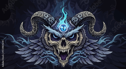 Intricate fantasy illustration of a skull with owl features and ornate ram horns