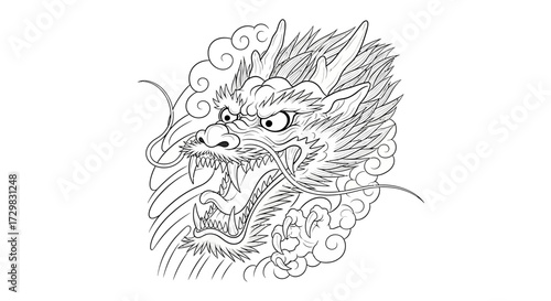 Detailed mythical dragon head line art illustration with intricate scales and flowing mane design