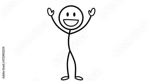 A simple stick figure with a smiling face raising arms in a gesture of joy.