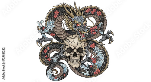 Mystic alliance an illustration of an asian dragon entwined with a human skull in vibrant colors