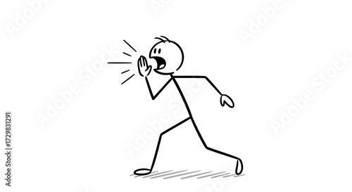 Simple stick figure person shouting loudly, expressing surprise or making an announcement.
