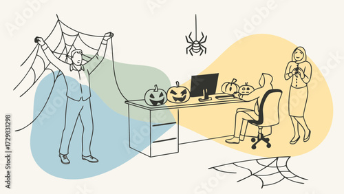 Office halloween decoration fun with spiders and jack o lanterns creating a festive atmosphere