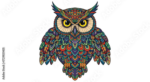 Intricate multicolored owl illustration with detailed feather patterns and captivating yellow eyes