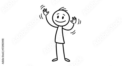 A simple stick figure waving both hands with a smiling face, isolated on a white background.