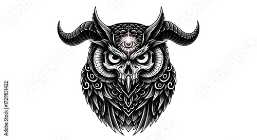 Intricate owl artwork featuring a mesmerizing third eye and ram horns, standing out from the white