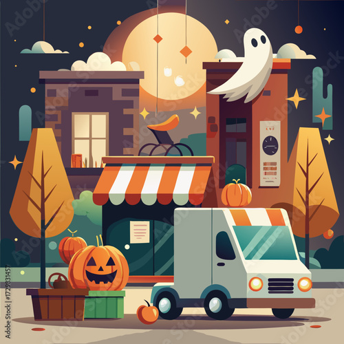 Whimsical halloween night scene with a friendly ghost jack o lanterns and a delivery truck in a charming town square