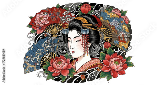 Geisha portrait with fans and peonies, japanese culture illustration with ornate details and