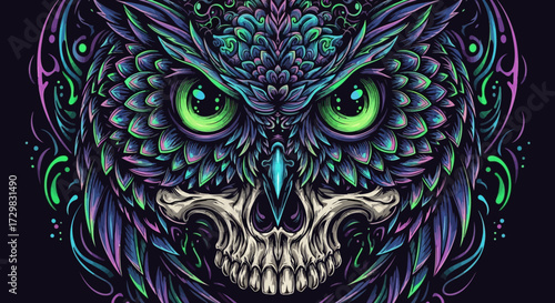 Mystical owl with skull face in vibrant psychedelic neon color palette detailed graphic illustration