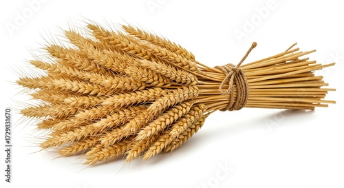 A bundle of golden wheat stalks tied together with a twine knot displayed against a clean white background