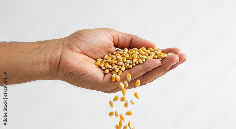 Fototapeta premium A hand holding and dropping dried corn kernels against a white backdrop