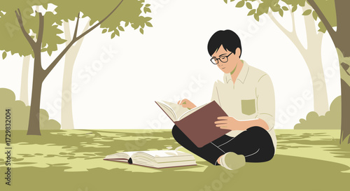 Man enjoying reading a book under the trees in the park on a bright sunny day