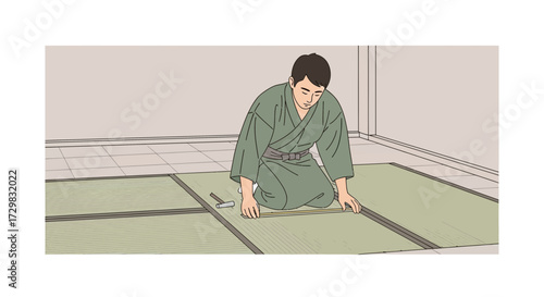Man in kimono laying tatami mats in a traditional Japanese room illustration