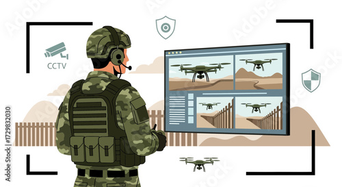 Military drone surveillance operations with soldier monitoring camera feeds on screen security