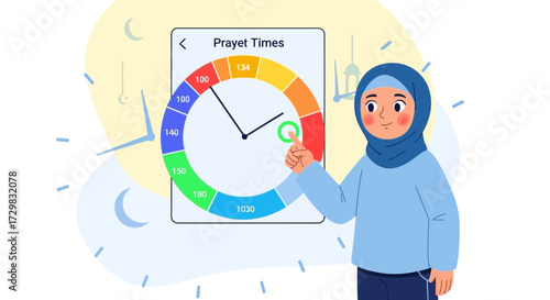 Muslim Woman Using a Prayer Times Application Interface with Colorful Clock Design
