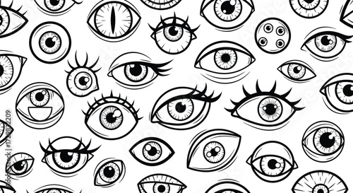 Seamless pattern of various handdrawn eyes decorative with different eye shapes and sizes