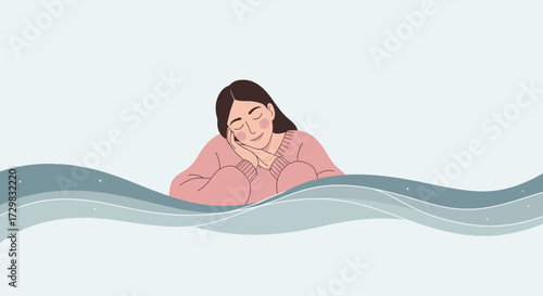 Serene woman dreaming on wave, peaceful expression, calming pastel illustration