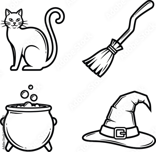 Hand drawn halloween elements witchs cat, broom, cauldron and hat in doodle style for halloween design