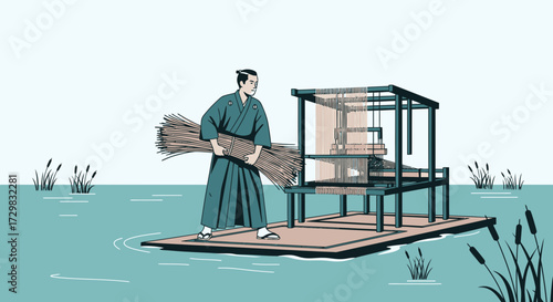 Traditional japanese craftsman working on a loom on a floating platform illustration