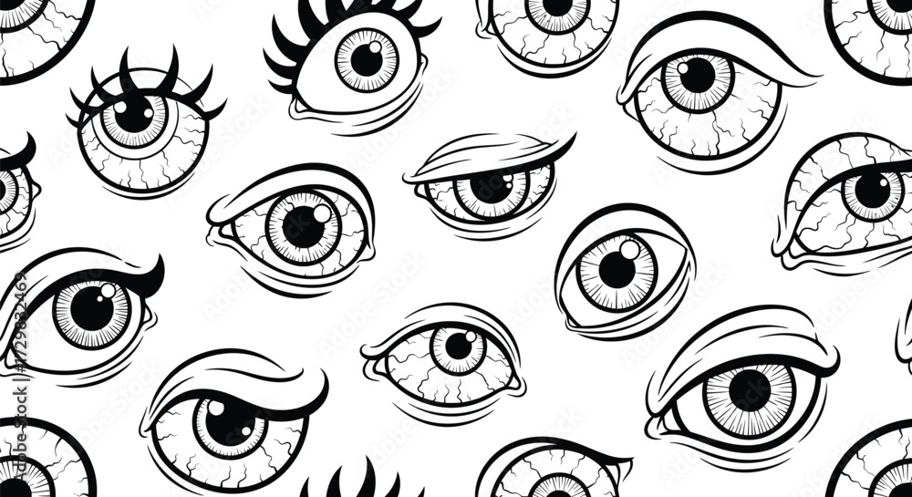 Naklejka premium Seamless pattern of spooky eyes hand drawn halloween vector illustration creepy eyeball wallpaper design