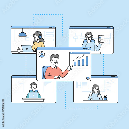 People connecting and collaborating through an online video call meeting via the internet system, symbolizing remote work, teleconference, and digital communication, a modern vector illustration.
