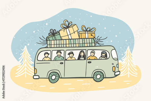 Whimsical illustration of a family traveling in a van loaded with holiday gifts and festive decorations during winter snowfall
