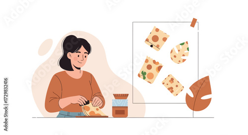 Young woman using beeswax food wrap to cover food for eco-friendly storage solution