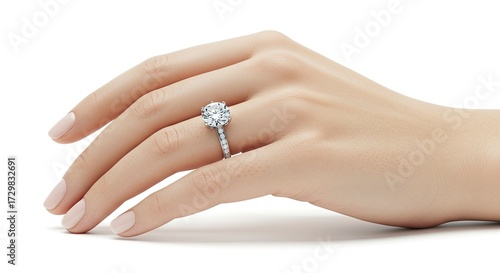 A hand displays a diamond ring with a sparkling center stone and a band adorned with smaller diamonds