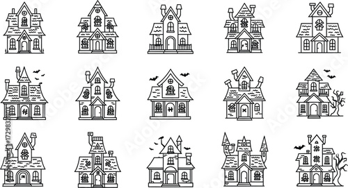 Collection of spooky haunted house halloween scary mansion vector illustration