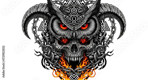 Mystic fusion: Detailed rendering of an owl, skull, and horns entangled with chain art