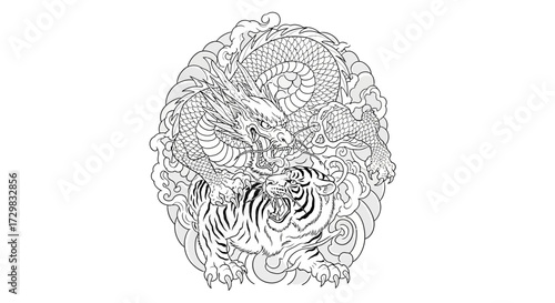 Dramatic tattoo style illustration featuring a ferocious dragon and a powerful tiger locked in a