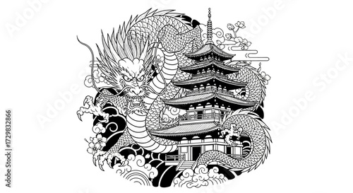 Monochromatic illustration of a traditional pagoda entwined with an oriental dragon design