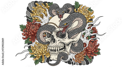 Serpentine Skull Embrace: An Intricate Tattoo Design with Chrysanthemums and Asian Influence