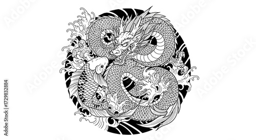 Dragon and koi fish monochrome oriental illustration of prosperity and good fortune