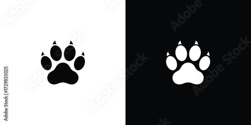 Symmetrical Design Black and White Paw Prints with Claws on Contrasting Backgrounds, Simple Animal Icon