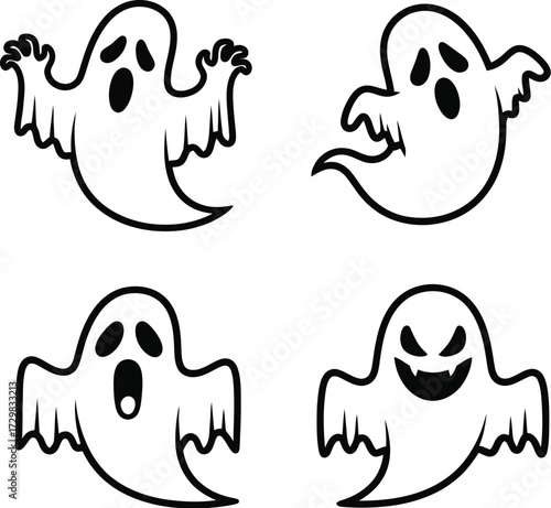 Ghost hand drawn vector illustration of cute cartoon ghosts with different expressions for halloween designs and decorations